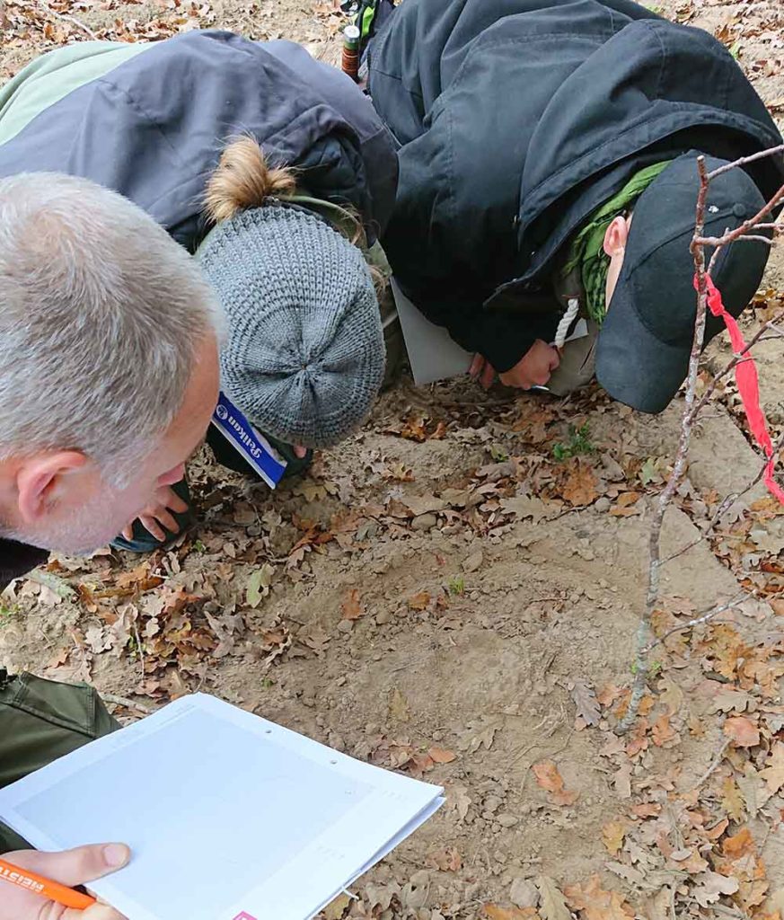 Teilnehmende der Wildnispädagogik-Ausbildung in Niedersachsen bei einer gemeinsamen Übung im Waldcamp bei Bremen